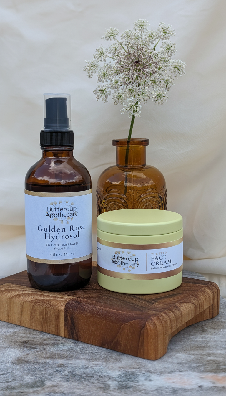 luxury grass fed tallow skincare set with 50/50 A5 wagyu blend and 24k gold rose hydrosol