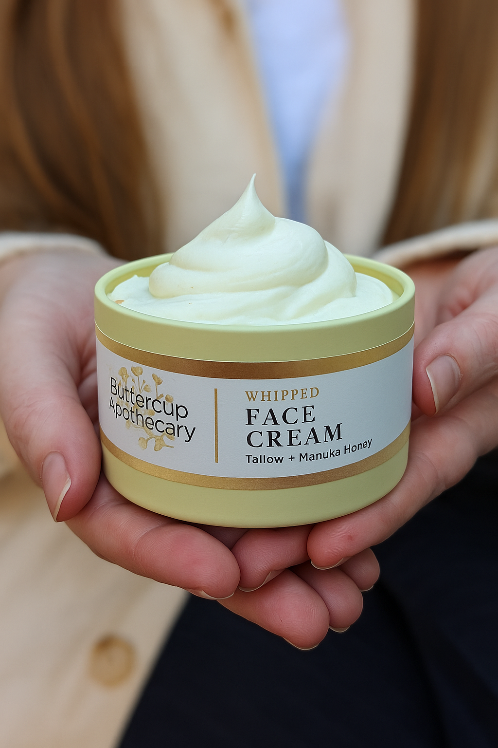 Buttercup Apothecary Whipped Face Cream — A5 Wagyu Tallow + Mānuka Honey, handcrafted in Sonoma County.
